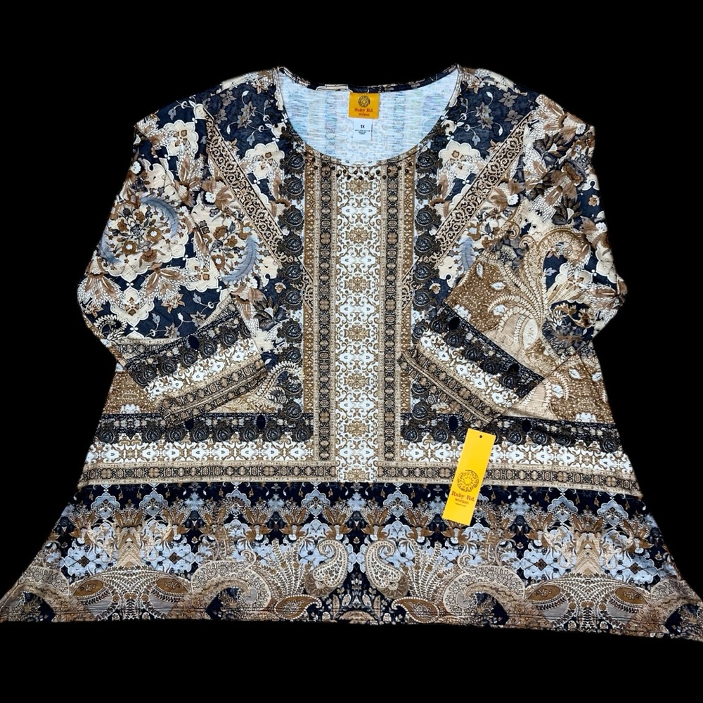 NWT Women’s 1X Ruby Road Pullover Tunic Top, Black Brown Gray Paisley